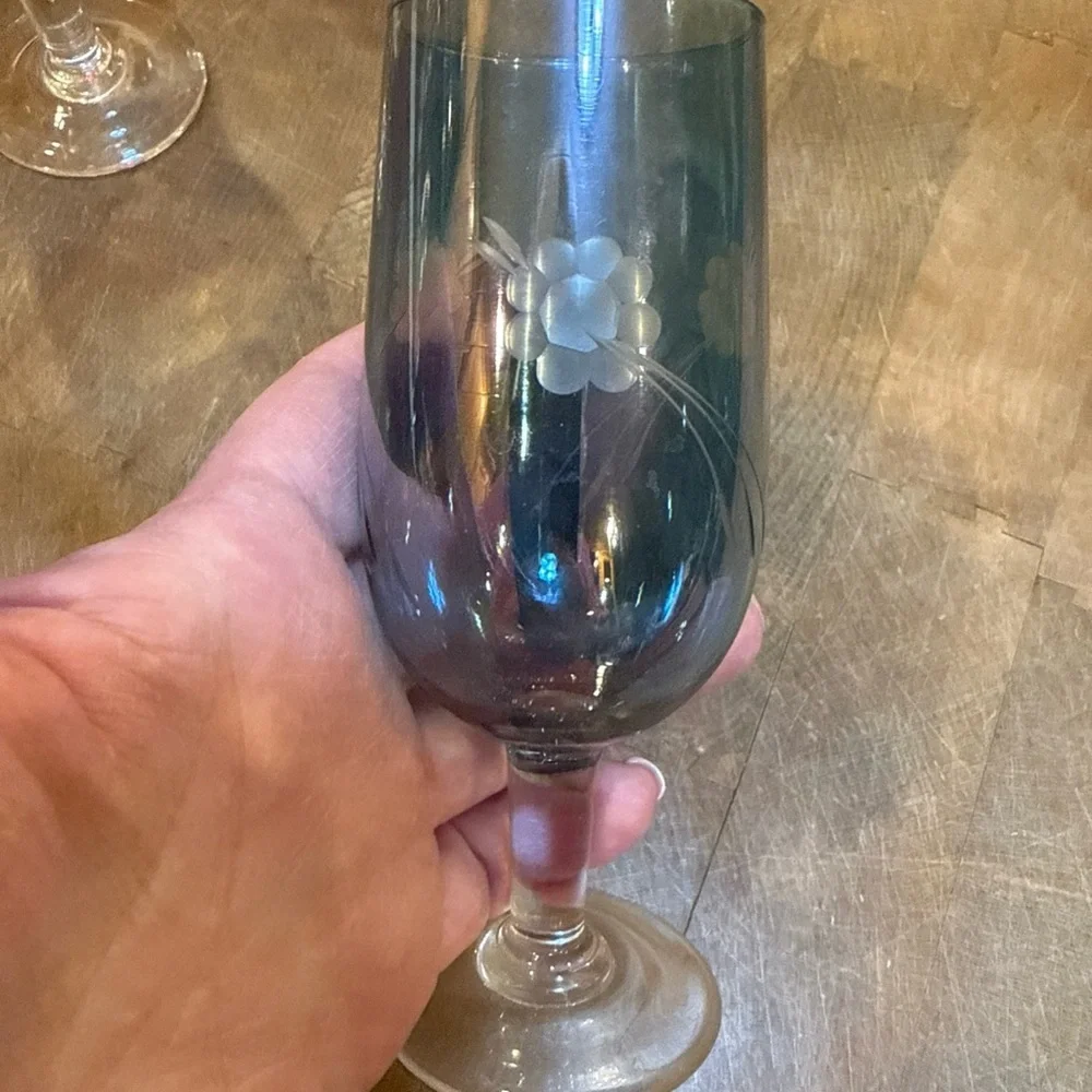 5” Etched Floral Colored Small Stemmed Glasses - Set of 5 Blue, Yellow, Red